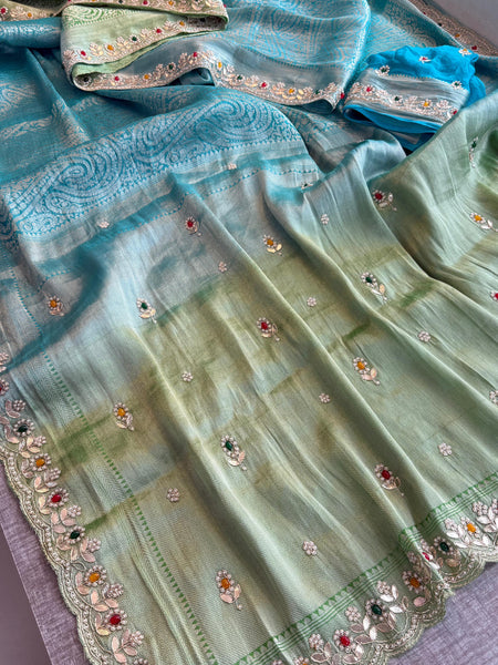 Pure Khaddi Georgette Silk Saree with Pearl & Zardozi Embroidery