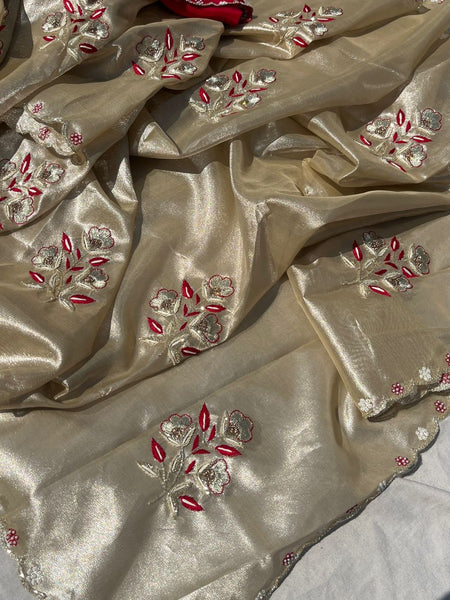 Handloom Zari Tissue Silk Saree with Zardozi, Pearl & Sequins Work