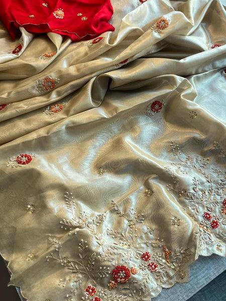 Handloom Zari Tissue Silk Saree with Zardozi, Sequins & Pearl Work