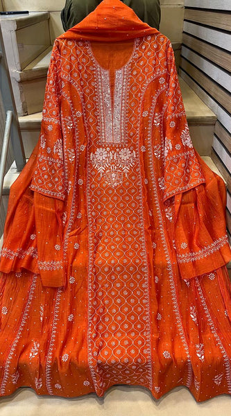 Mul Chanderi Anarkali Kurta Dupatta Set with Exquisite Pearl & Katdana Embellishments