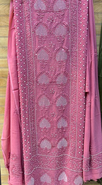 Georgette Unstitched Kurta Dupatta Set with Pearl & Katdana Embellishments