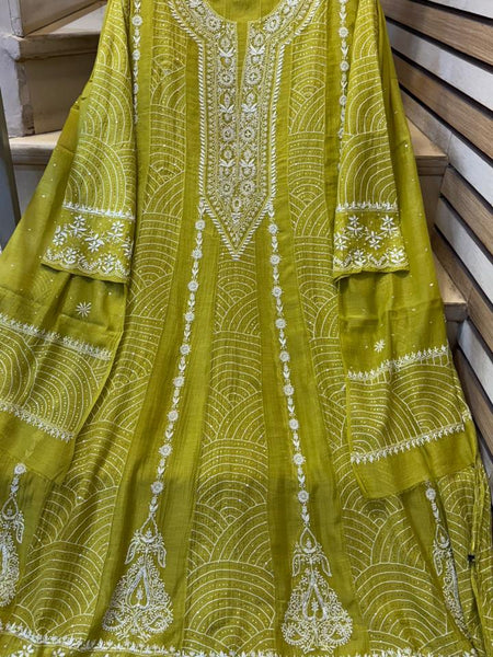 Pure Mul Chanderi Anarkali Kurta Dupatta Set with Mukaish Work