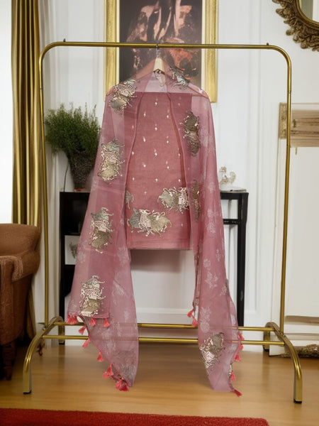 Pure Organza Silk Triple Bail Embroidered Suit with Printed Dupatta