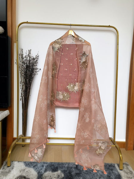 Pure Organza Silk Triple Bail Embroidered Suit with Printed Dupatta