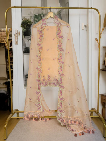 Pure Organza Silk Chikankari Embroidered Suit with Dupatta & Cotton Bottom