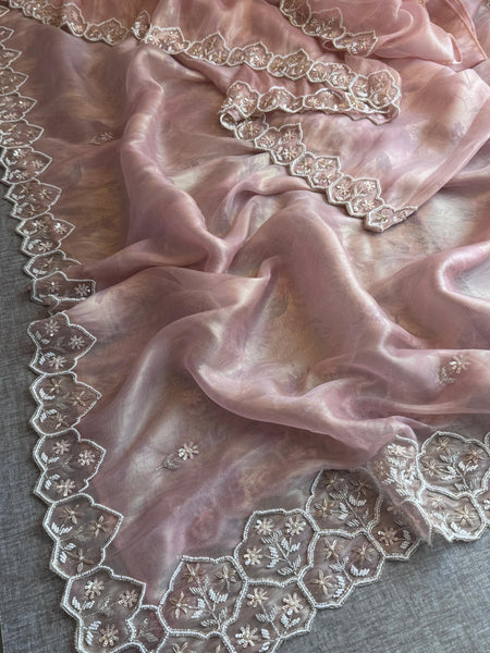 Soft Tissue Net Saree with Zardozi, Pearl & Kutdana Embroidery