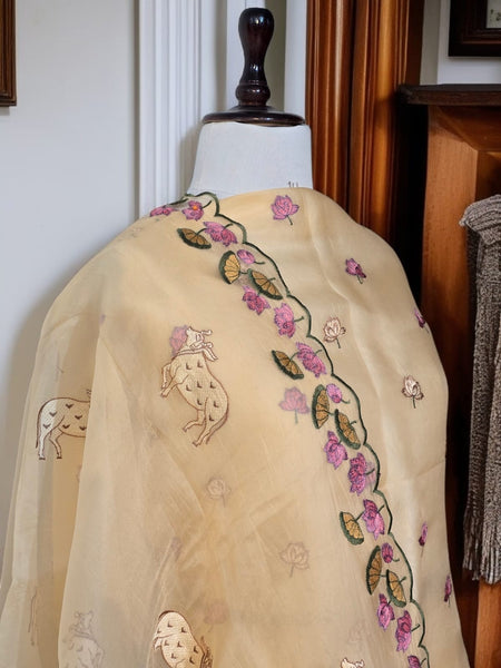 Banarasi Pure Organza Silk Pichwai Embroidered Suit with Dupatta & Cotton Bottom
