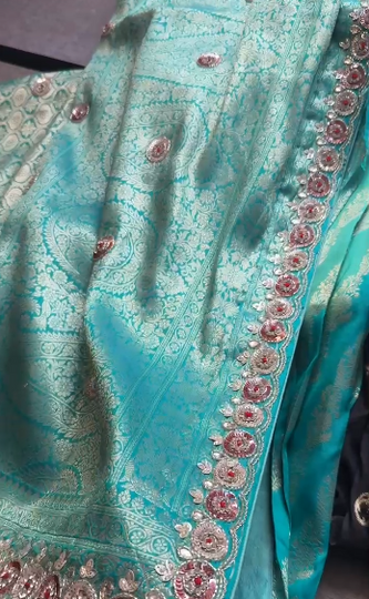 Soft Munga Silk Saree with Kutdana & Zarkan Embellishment