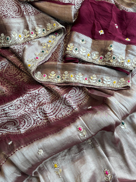 Pure Khaddi Georgette Silk Saree with Pearl & Zardozi Embroidery