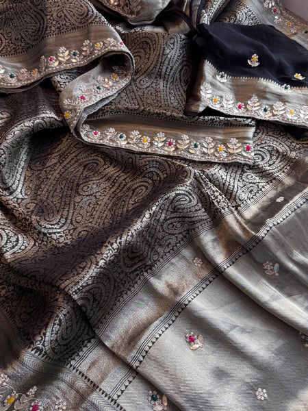 Pure Khaddi Georgette Silk Saree with Pearl & Zardozi Embroidery
