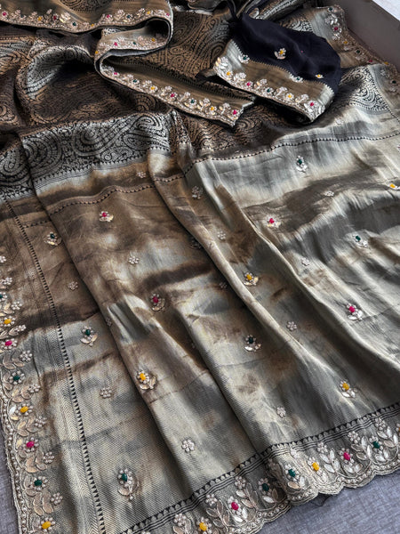 Pure Khaddi Georgette Silk Saree with Pearl & Zardozi Embroidery