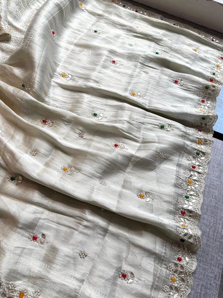 Pure Khaddi Georgette Silk Saree with Pearl & Zardozi Embroidery