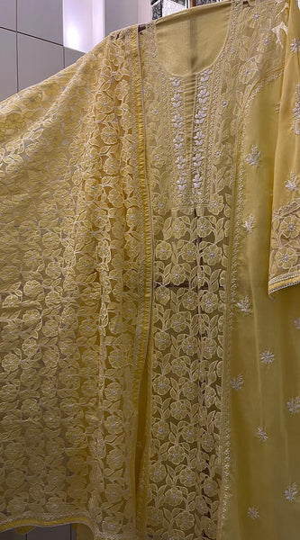 Mul Cotton Semi-Stitched Kurta Dupatta Set with Net Patch & Jaal Work