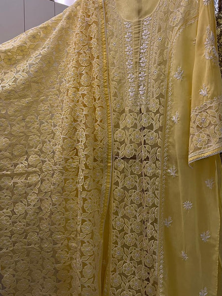 Mul Cotton Semi-Stitched Kurta Dupatta Set with Net Patch & Jaal Work