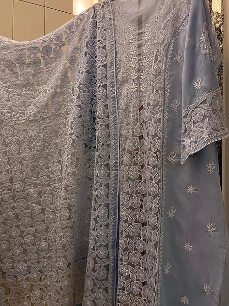 Mul Cotton Semi-Stitched Kurta Dupatta Set with Net Patch & Jaal Work