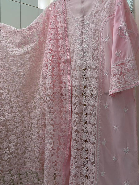 Mul Cotton Semi-Stitched Kurta Dupatta Set with Net Patch & Jaal Work