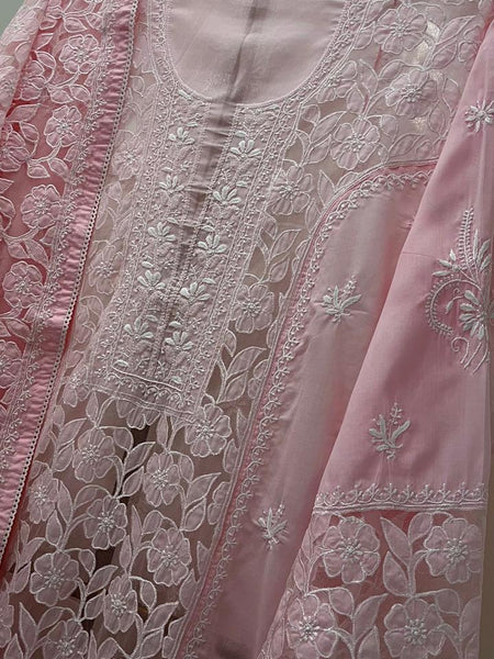 Mul Cotton Semi-Stitched Kurta Dupatta Set with Net Patch & Jaal Work