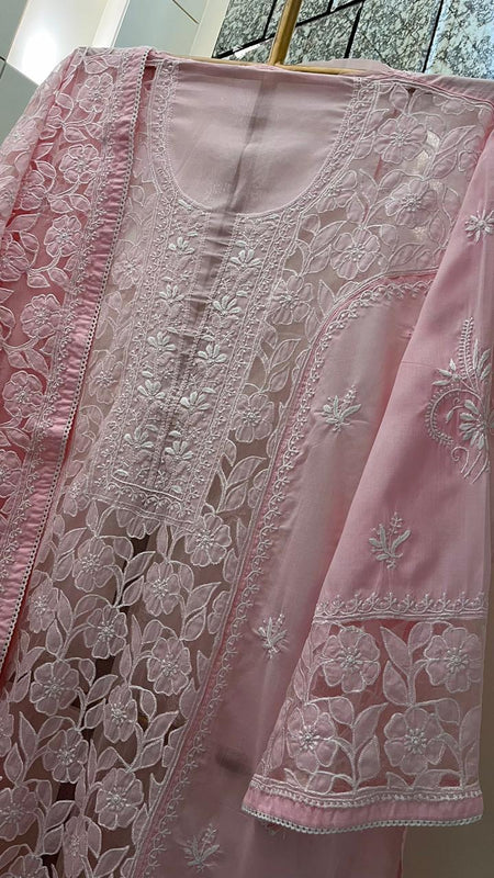 Mul Cotton Semi-Stitched Kurta Dupatta Set with Net Patch & Jaal Work