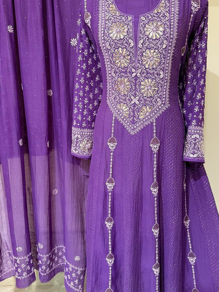 Mul Chanderi Anarkali Kurta Dupatta Set with Elegant Mukaish Work