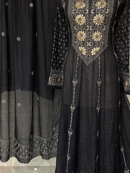 Mul Chanderi Anarkali Kurta Dupatta Set with Elegant Mukaish Work
