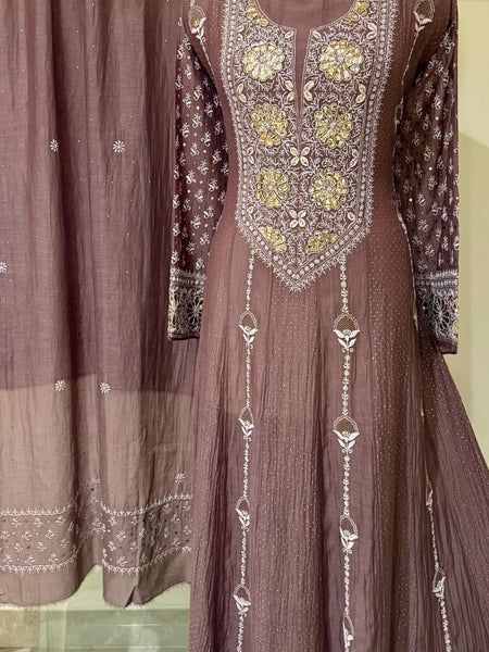 Mul Chanderi Anarkali Kurta Dupatta Set with Elegant Mukaish Work