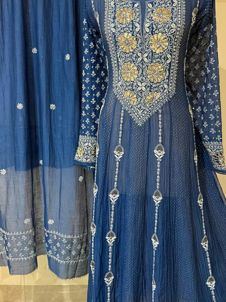 Mul Chanderi Anarkali Kurta Dupatta Set with Elegant Mukaish Work
