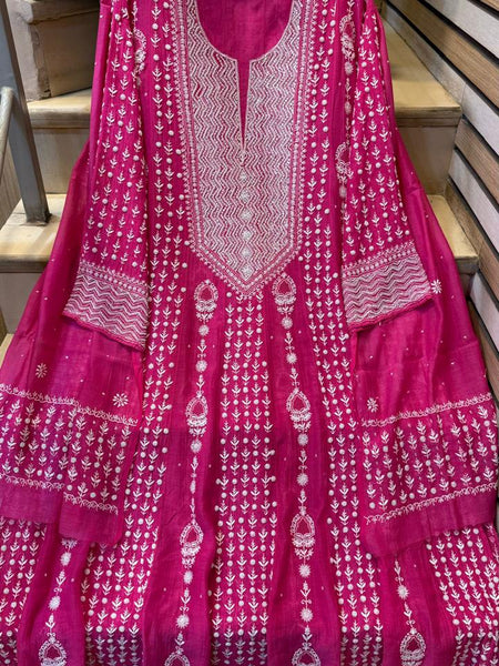 Pure Mul Chanderi Semi-Stitched Kurta Dupatta Set with Pearl & Katdana