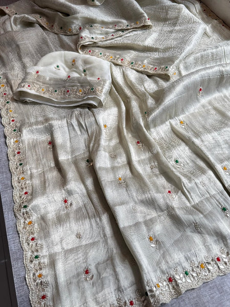 Pure Khaddi Georgette Silk Saree with Pearl & Zardozi Embroidery