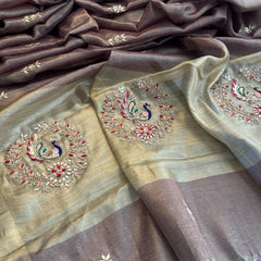 Tissue Linen Banarasi Silk Saree with Pearl & Resham Work