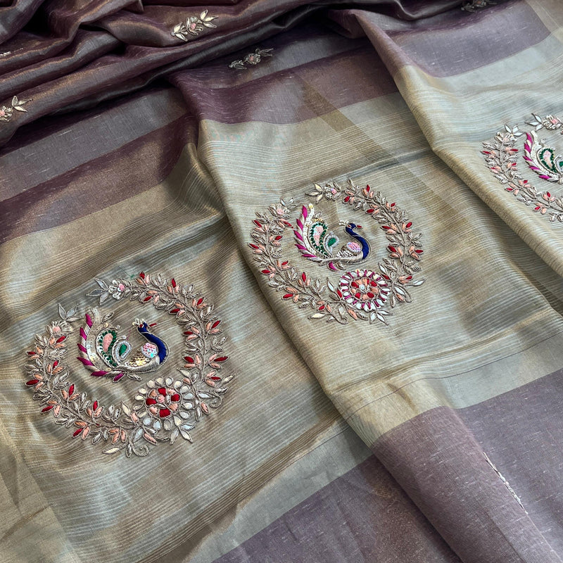 Tissue Linen Banarasi Silk Saree with Pearl & Resham Work