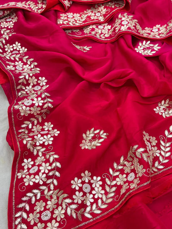 Pure Munga Silk Saree with Gotapatti, Zardozi, Kutdana and Pearl Work