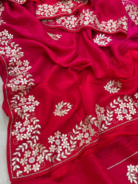 Pure Munga Silk Saree with Gotapatti, Zardozi, Kutdana and Pearl Work