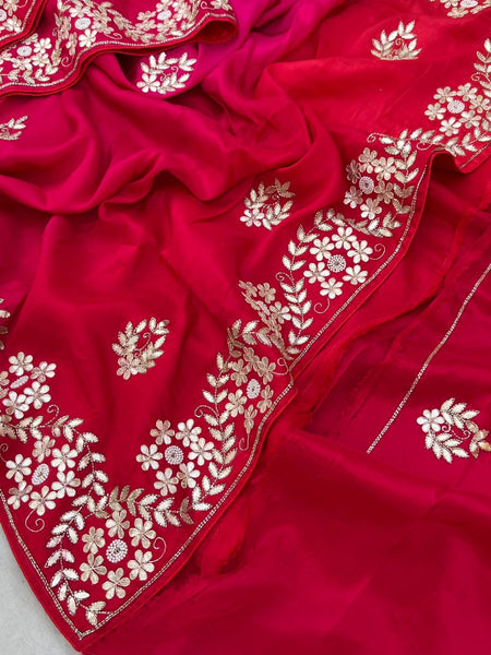 Pure Munga Silk Saree with Gotapatti, Zardozi, Kutdana and Pearl Work