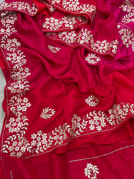 Pure Munga Silk Saree with Gotapatti, Zardozi, Kutdana and Pearl Work
