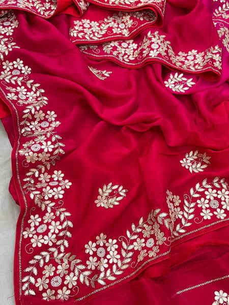 Pure Munga Silk Saree with Gotapatti, Zardozi, Kutdana and Pearl Work