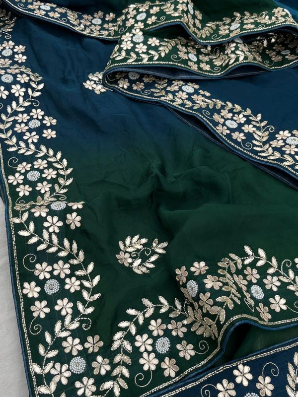 Pure Munga Silk Saree with Gotapatti, Zardozi, Kutdana and Pearl Work