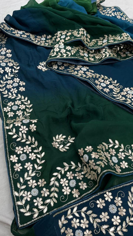 Pure Munga Silk Saree with Gotapatti, Zardozi, Kutdana and Pearl Work