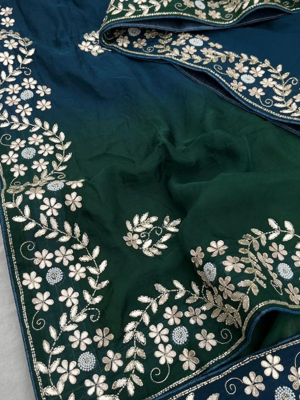 Pure Munga Silk Saree with Gotapatti, Zardozi, Kutdana and Pearl Work