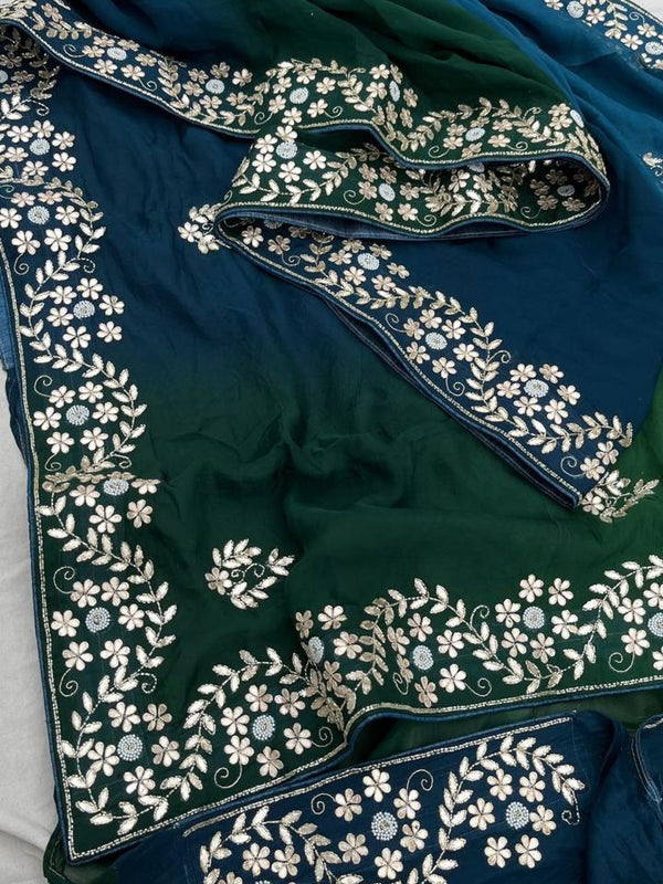 Pure Munga Silk Saree with Gotapatti, Zardozi, Kutdana and Pearl Work