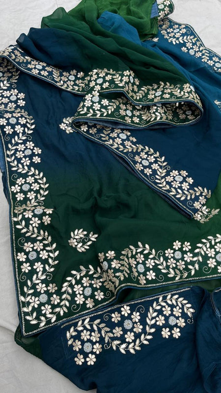 Pure Munga Silk Saree with Gotapatti, Zardozi, Kutdana and Pearl Work