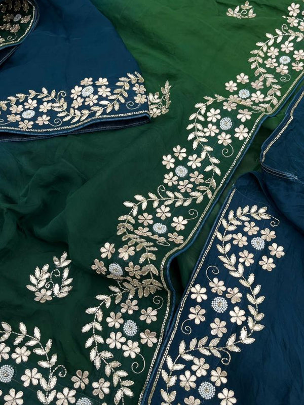 Pure Munga Silk Saree with Gotapatti, Zardozi, Kutdana and Pearl Work