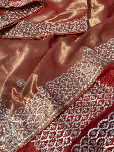 Pure Handloom Zari Tissue Silk Saree with Zardozi, Pearl, Sequins & Gotapatti Work