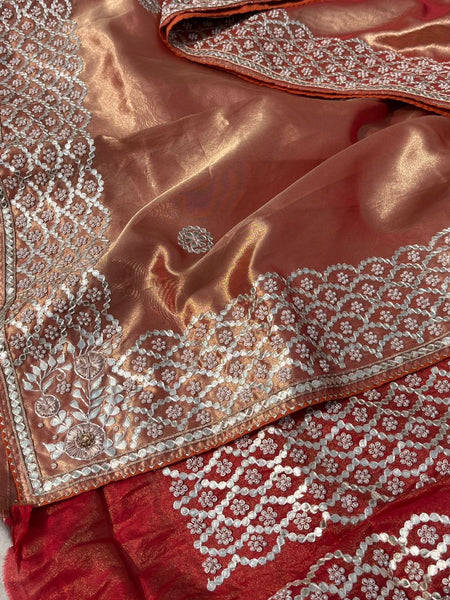 Pure Handloom Zari Tissue Silk Saree with Zardozi, Pearl, Sequins & Gotapatti Work