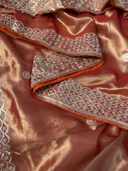 Pure Handloom Zari Tissue Silk Saree with Zardozi, Pearl, Sequins & Gotapatti Work