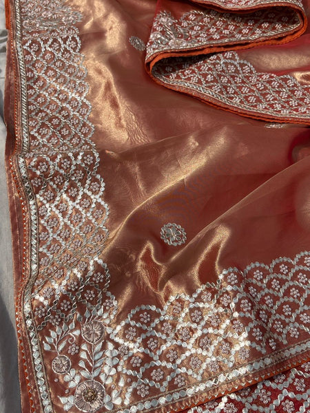 Pure Handloom Zari Tissue Silk Saree with Zardozi, Pearl, Sequins & Gotapatti Work