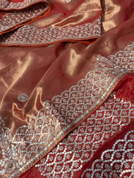 Pure Handloom Zari Tissue Silk Saree with Zardozi, Pearl, Sequins & Gotapatti Work