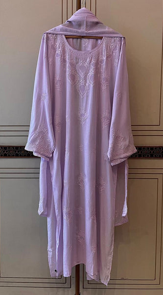 Pure Mulmul Semi-Stitched Kurta Dupatta Set with Jaali Motifs