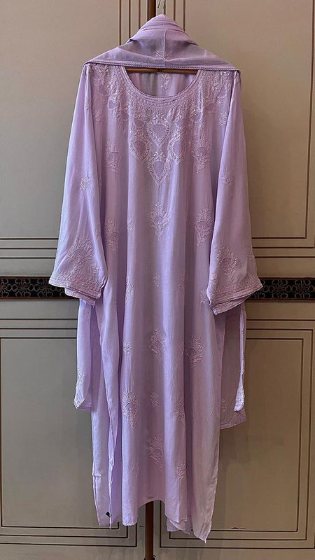Pure Mulmul Semi-Stitched Kurta Dupatta Set with Jaali Motifs