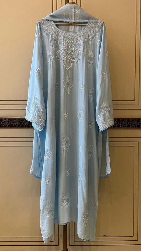 Pure Mulmul Semi-Stitched Kurta Dupatta Set with Jaali Motifs