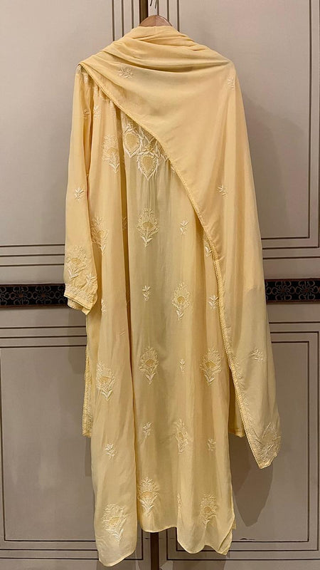 Pure Mulmul Semi-Stitched Kurta Dupatta Set with Jaali Motifs
